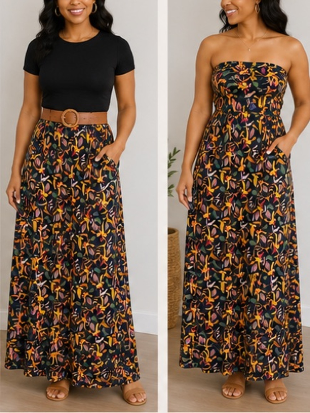LuLaRoe Black Maxi Skirt with Colorful Leaf Print